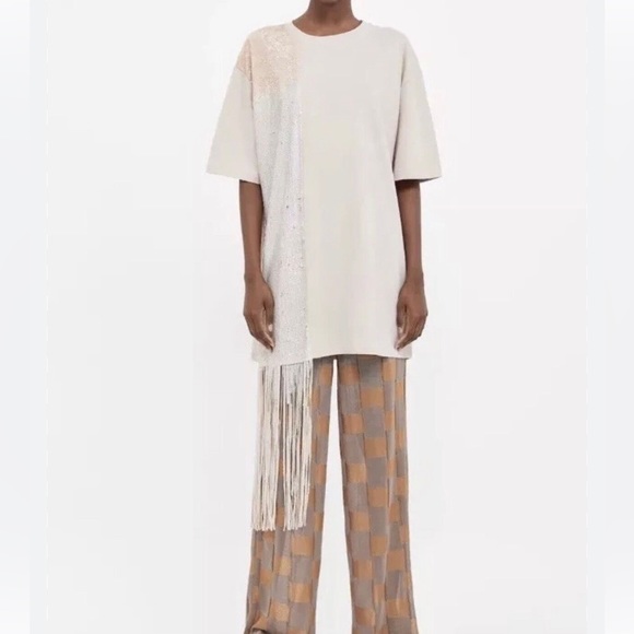 Zara fringe contrast tee beige NWT L - Picture 1 of 5